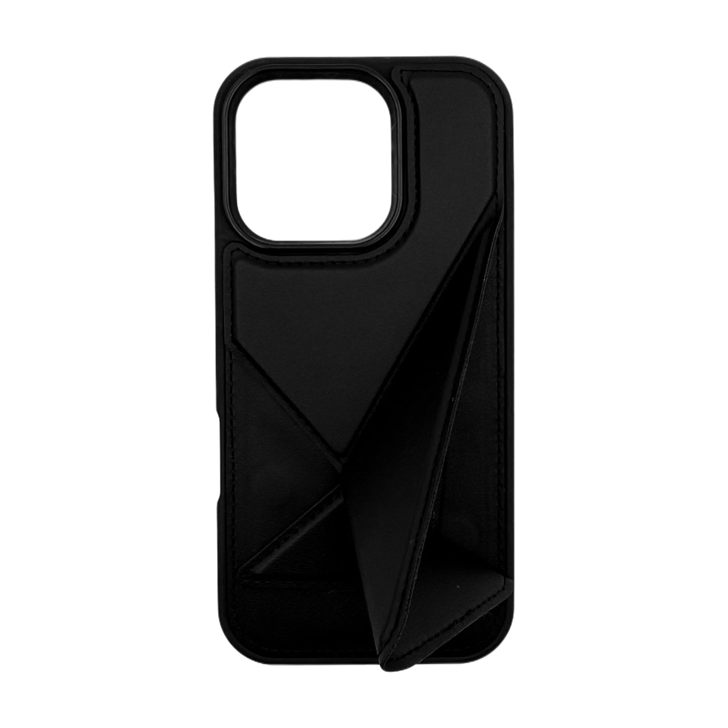 Multi-Function Leather iPhone Case with Foldable Stand and Card Holder - Sleek Black Geometric Design