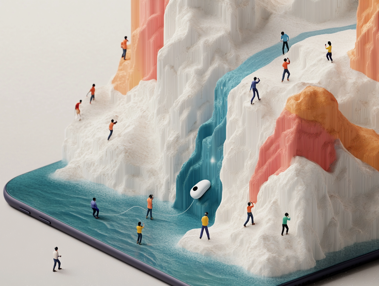 Miniature figures interact playfully with oversized phone cases and tech accessories in a whimsical scene. Characters climb and zip-line across vividly colored, large-scale tech products, set against a white background, emphasizing a magical, surreal aesthetic.